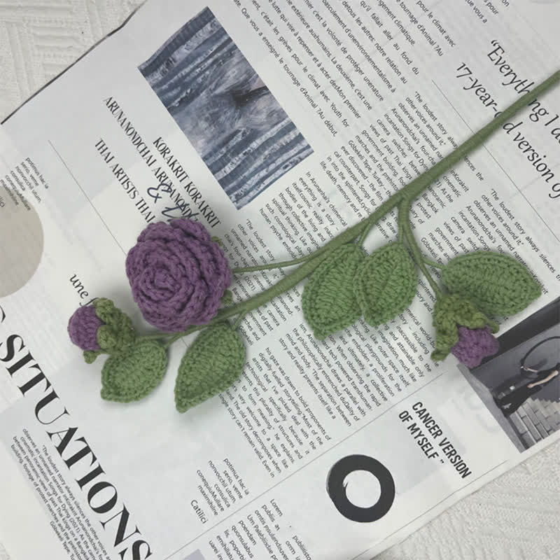 Handmade Knitted Crochet Camellia Flower Branch Bouquet - Dark purple - 3PCS - 1.97"W x 1.97"L x 19.69"H - image 6