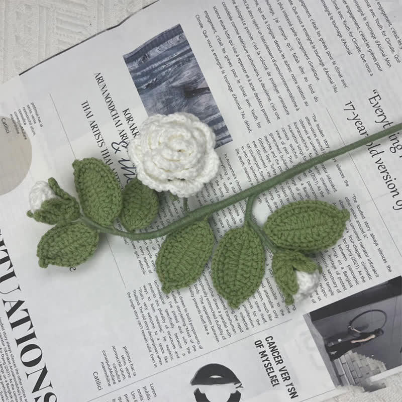 Handmade Knitted Crochet Camellia Flower Branch Bouquet - White - 3PCS - 1.97"W x 1.97"L x 19.69"H - image 7