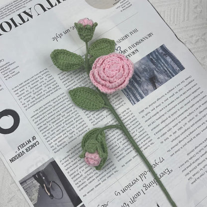 Handmade Knitted Crochet Camellia Flower Branch Bouquet - Pink - 3PCS - 1.97"W x 1.97"L x 19.69"H - image 5
