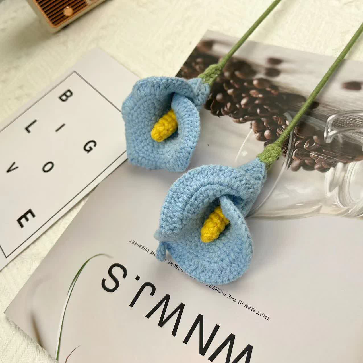 Handmade Knitted Crochet Calla Lily Bouquet - Blue - 3PCS - 3.15"W x 3.15"L x 16.54"H - image 3