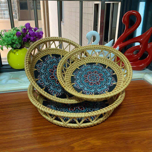 Boho Rattan Hand-painted Printed Fruit Basket Storage Basket - Set(3PCS) - 11.42" W x 11.42" L x 2.55"H - image 0