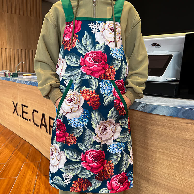 Elegant Rose Waterproof Apron WIth Pocket - Dark Blue & Red - image 0