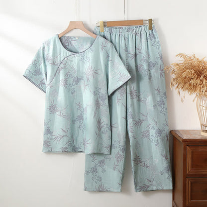 Round Neckline Bamboo Cotton Gauze Pajama Set - Blue Green - XL - image 4