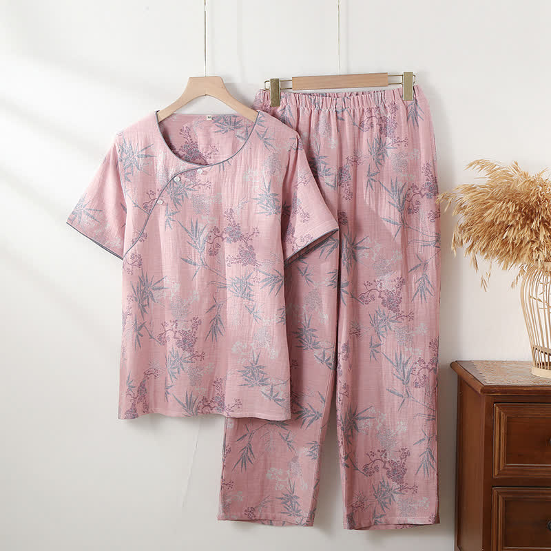 Round Neckline Bamboo Cotton Gauze Pajama Set - Pink - XL - image 1