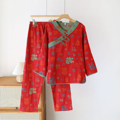 V-neckline Vintage Cotton Gauze Nightwear Set - Red - 2XL - image 0