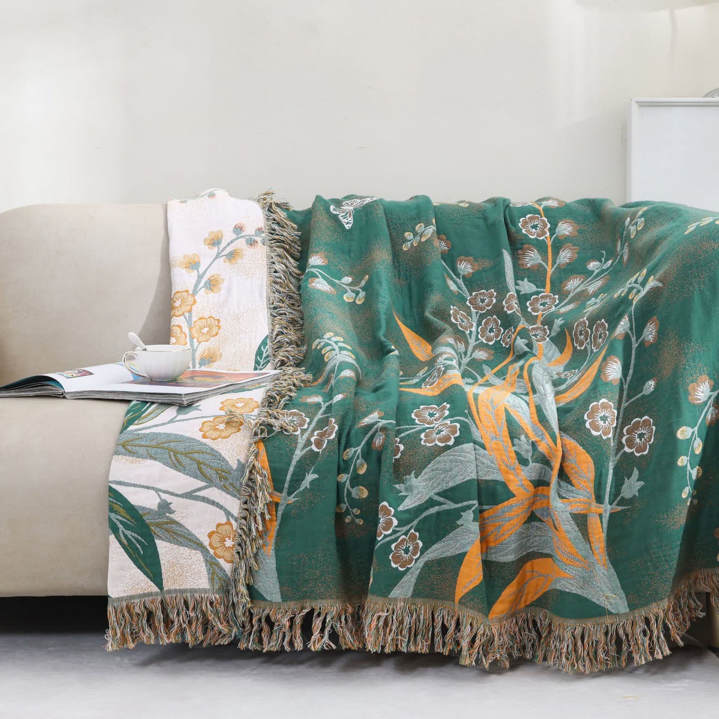 Reversible Tassel Refresh Grass Cotton Gauze Blanket - Dark Green & Beige - 86" x 90" - image 0