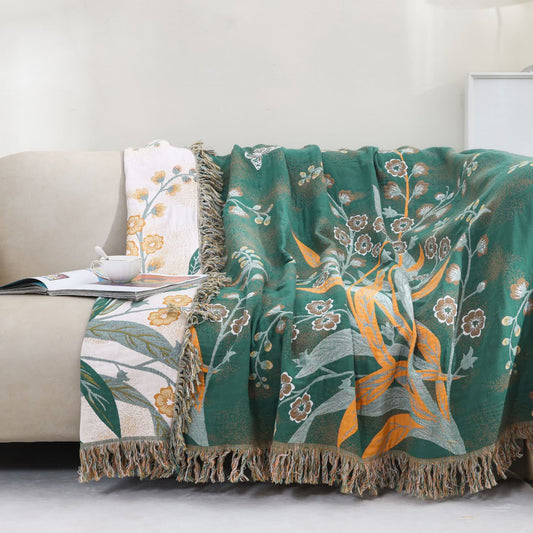 Reversible Tassel Refresh Grass Cotton Gauze Blanket - Dark Green & Beige - 86" x 90" - image 0