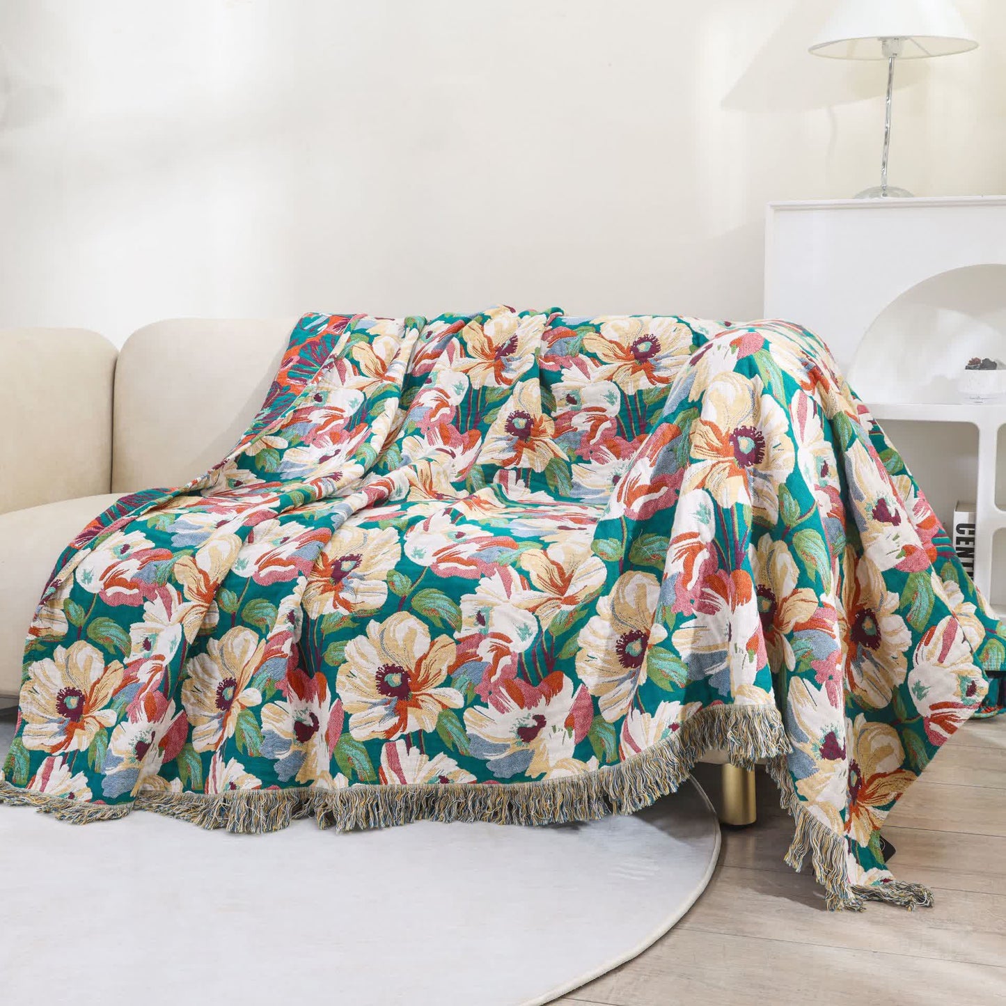 Rural Penoy Cotton Gauze Tassel Blanket - Dark Green & Beige - 86" x 90" - image 0