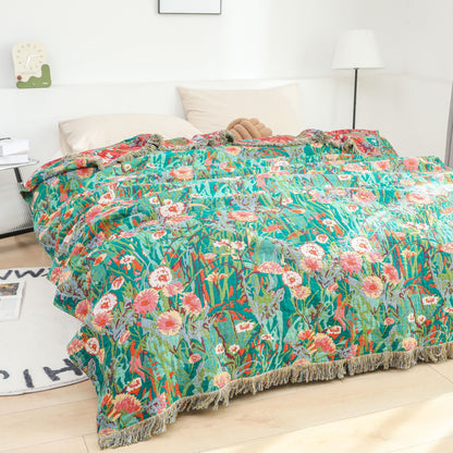 Tassel Reversible Cotton Gauze Floral Quilt - Dark Green & Coral Orange - Queen - image 0