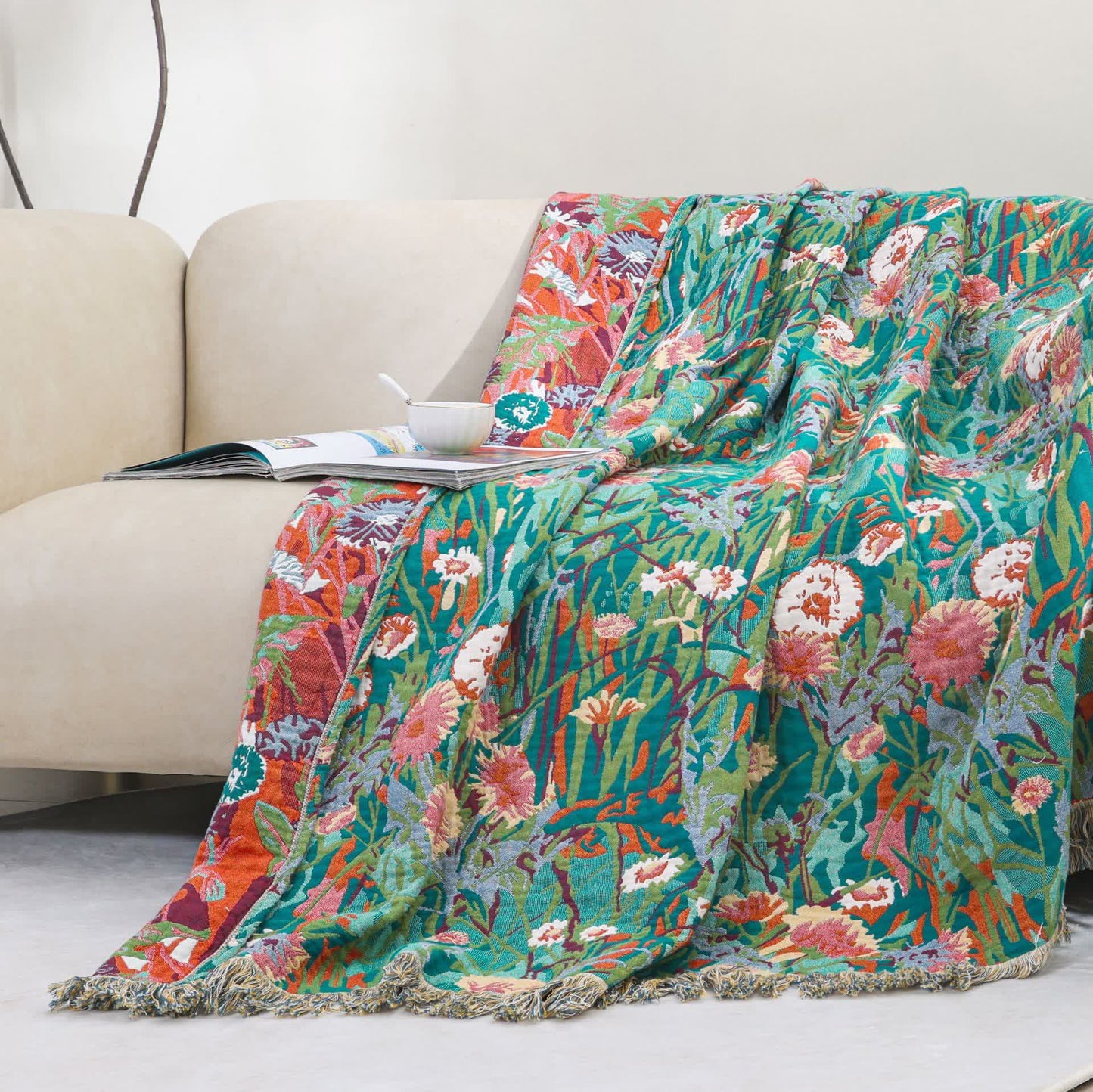 Tassel Reversible Cotton Gauze Floral Quilt - image 2