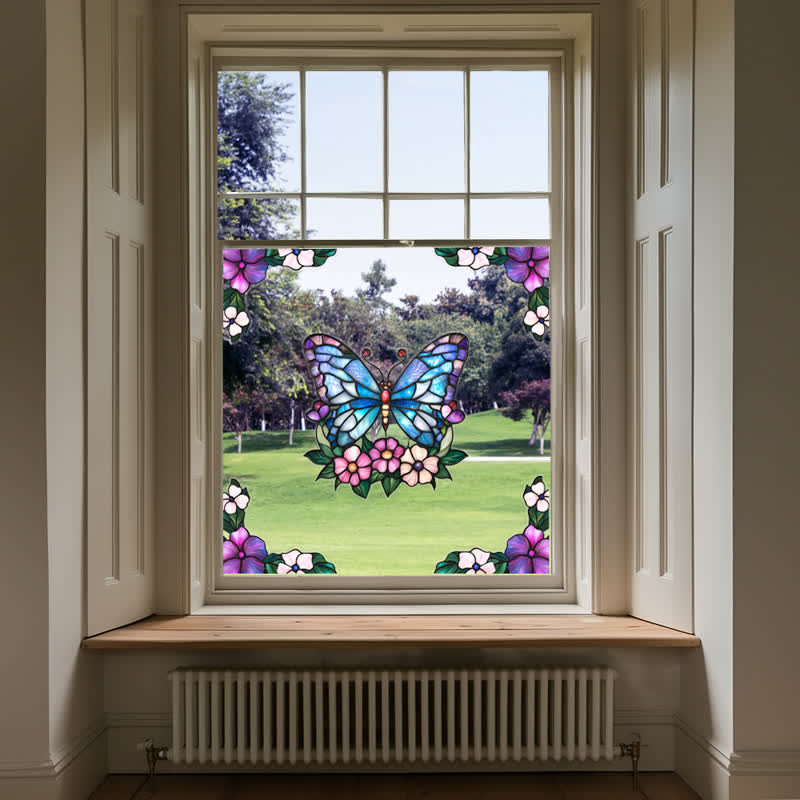 Floral Butterfly Stained Static Window Sticker - A - 4 Sets - image 1