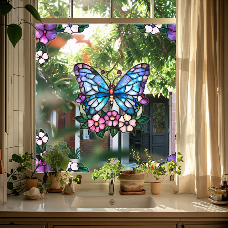 Floral Butterfly Stained Static Window Sticker - image 0