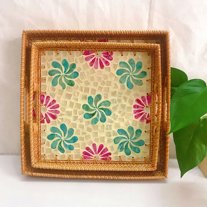 Square Rattan Shell Fruit Basket Dessert Tray - B - Set(2PCS) - 13.78" W x 13.78" L x 1.57"H - image 3