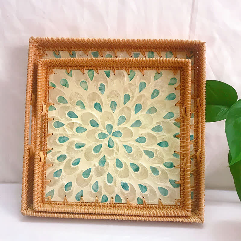 Square Rattan Shell Fruit Basket Dessert Tray - C - Set(2PCS) - 13.78" W x 13.78" L x 1.57"H - image 4