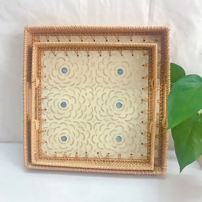 Square Rattan Shell Fruit Basket Dessert Tray - E - Set(2PCS) - 13.78" W x 13.78" L x 1.57"H - image 6