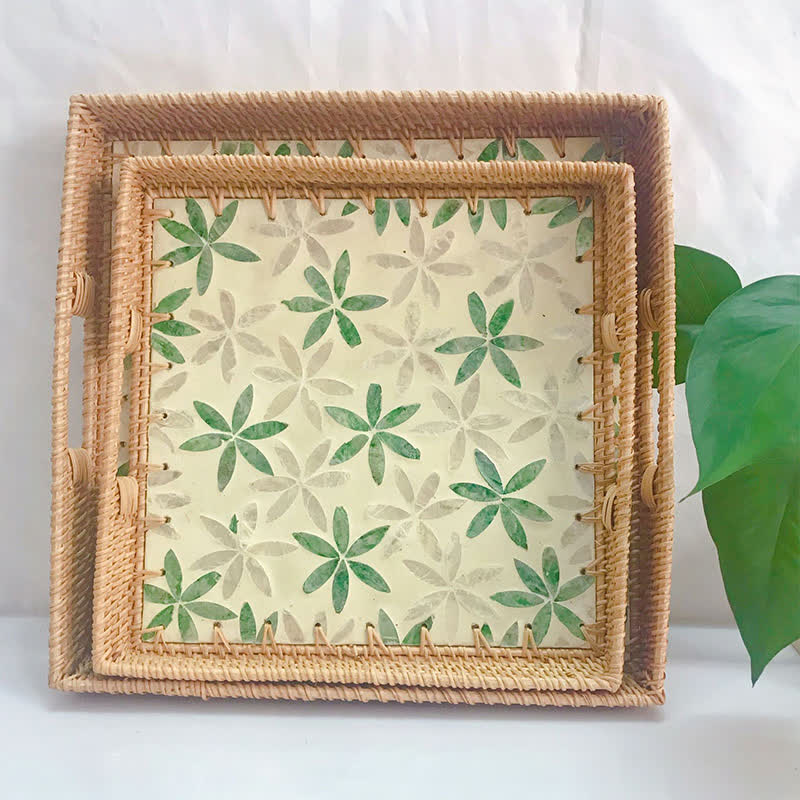 Square Rattan Shell Fruit Basket Dessert Tray - A - Set(2PCS) - 13.78" W x 13.78" L x 1.57"H - image 2