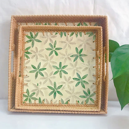 Square Rattan Shell Fruit Basket Dessert Tray - A - Set(2PCS) - 13.78" W x 13.78" L x 1.57"H - image 2