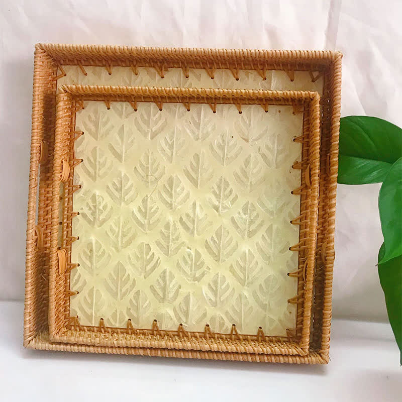 Square Rattan Shell Fruit Basket Dessert Tray - D - Set(2PCS) - 13.78" W x 13.78" L x 1.57"H - image 5