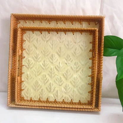 Square Rattan Shell Fruit Basket Dessert Tray - D - Set(2PCS) - 13.78" W x 13.78" L x 1.57"H - image 5