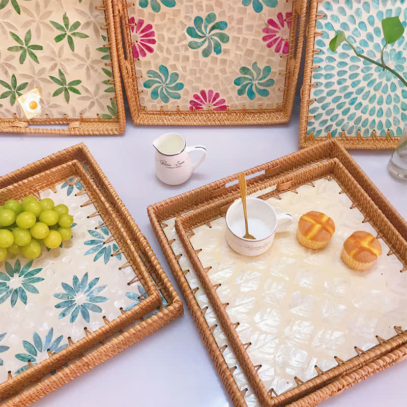 Square Rattan Shell Fruit Basket Dessert Tray - image 1