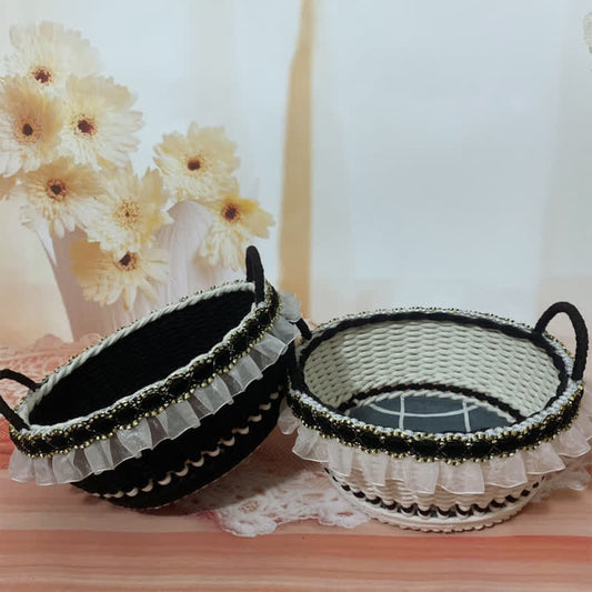 French Elegant Handwoven Storage Basket - Black&White - Set(2PCS) - 8.28"W x 8.28"L x 3.54"H - image 0