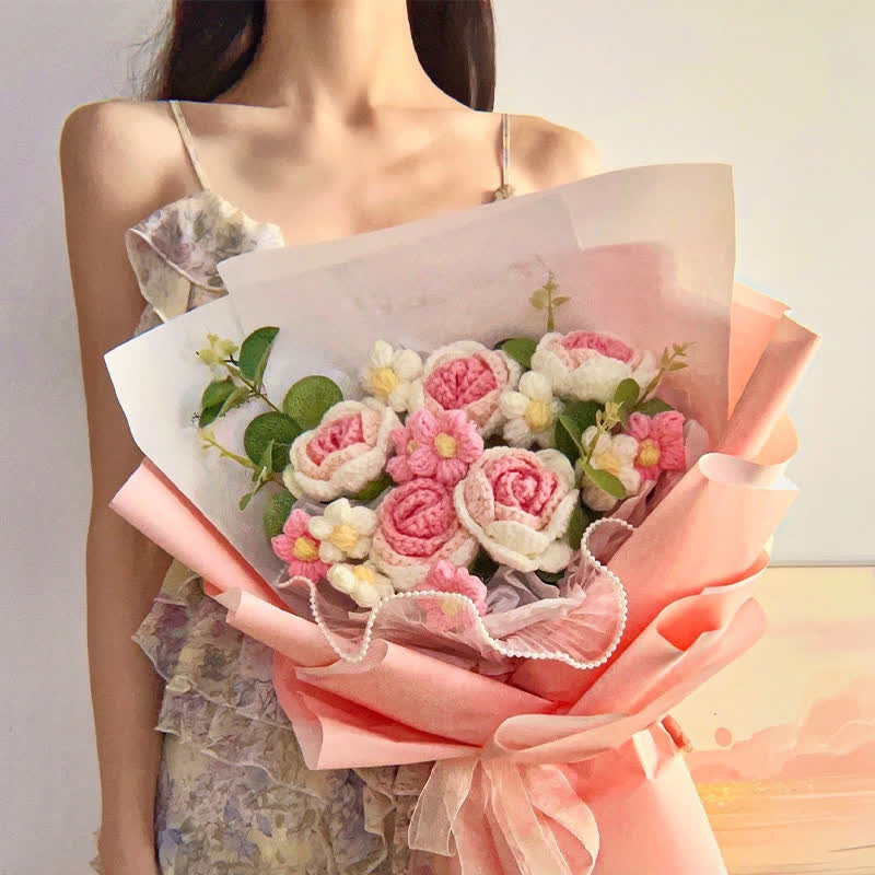 Creative Handmade Knitted Crochet Rose Bouquet - C - 13.78"W x 9.84"L x 5.91"H - image 1