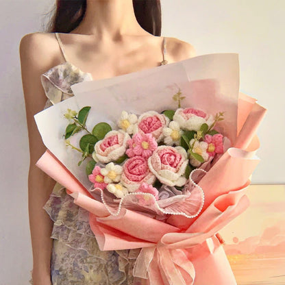 Creative Handmade Knitted Crochet Rose Bouquet - C - 13.78"W x 9.84"L x 5.91"H - image 1