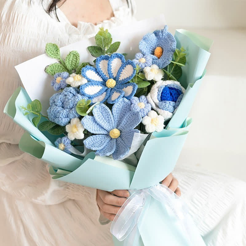 Handmade Knitted Crochet Cosmos Bipinnatus Bouquet - Blue - 14.57"W x 9.84"L x 17.72"H - image 3