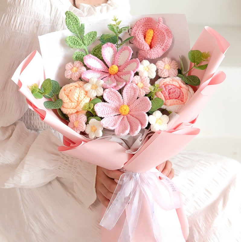 Handmade Knitted Crochet Cosmos Bipinnatus Bouquet - Pink - 14.57"W x 9.84"L x 17.72"H - image 2