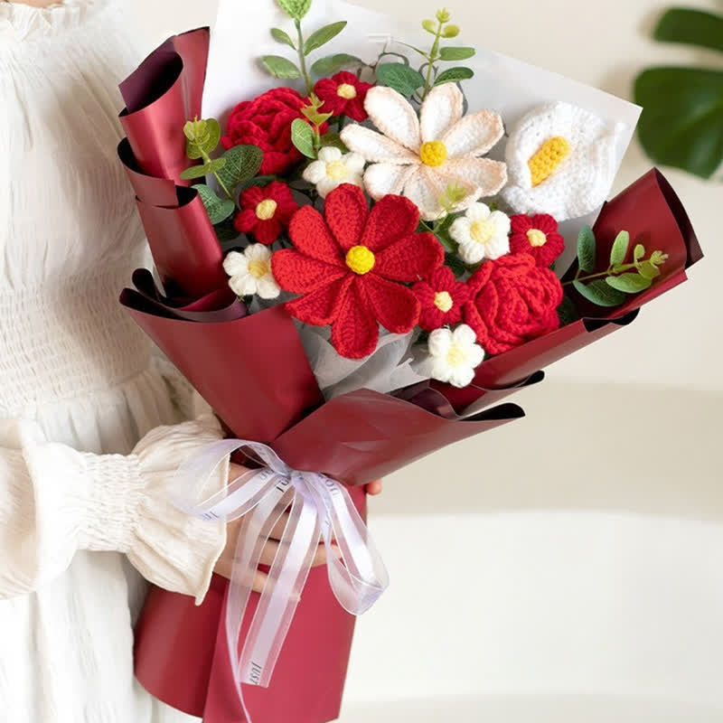 Handmade Knitted Crochet Cosmos Bipinnatus Bouquet - Red - 14.57"W x 9.84"L x 17.72"H - image 1