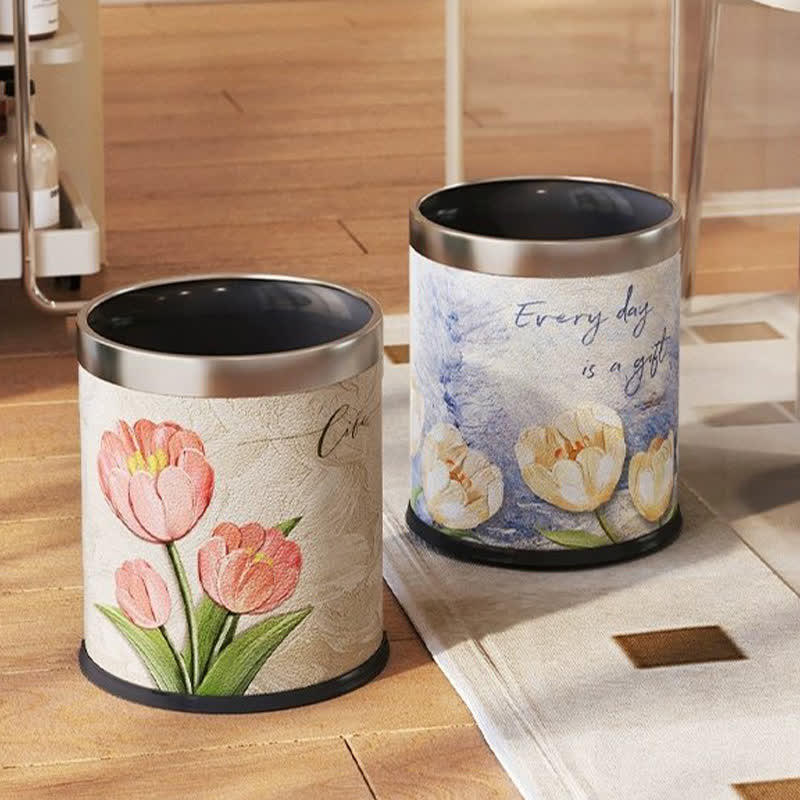 Double Layer Floral Leather Trash Bin - image 1
