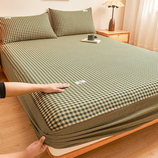 Pure Cotton Simple Plaid Soft Fitted Sheet - Gray Green - Fitted Sheet with 2pcs Pillowcases - King - image 0