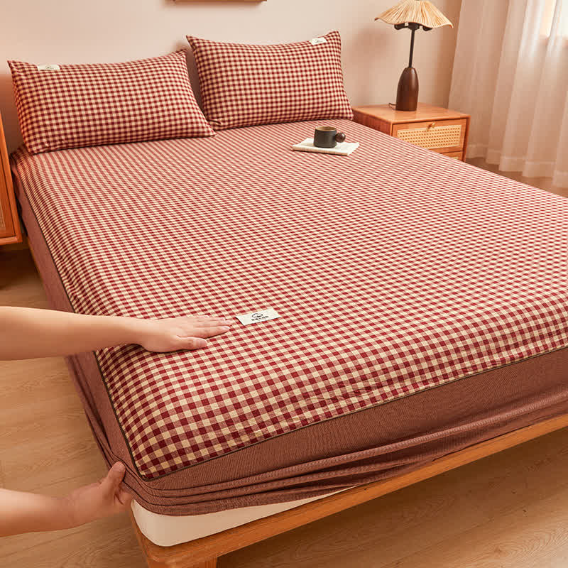 Pure Cotton Simple Plaid Soft Fitted Sheet - Red Bean Paste - Fitted Sheet with 2pcs Pillowcases - King - image 4