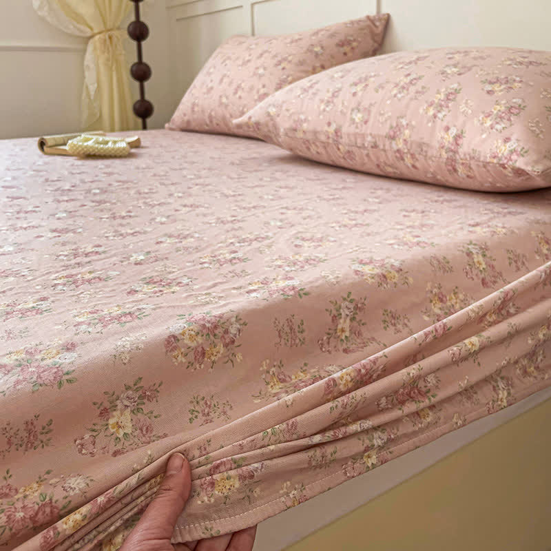 Anti-slip Cotton Gauze Floral Fitted Sheet - Fitted Sheet with 2pcs Pillowcases - King - image 0