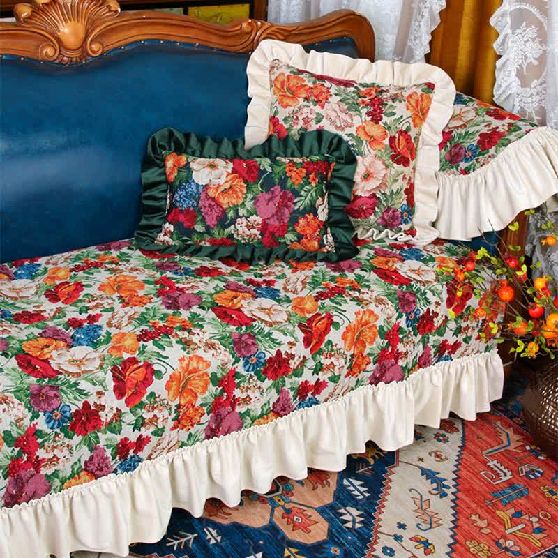 Vintage Art Floral Non-slip Ruffle Sofa Cover - image 5