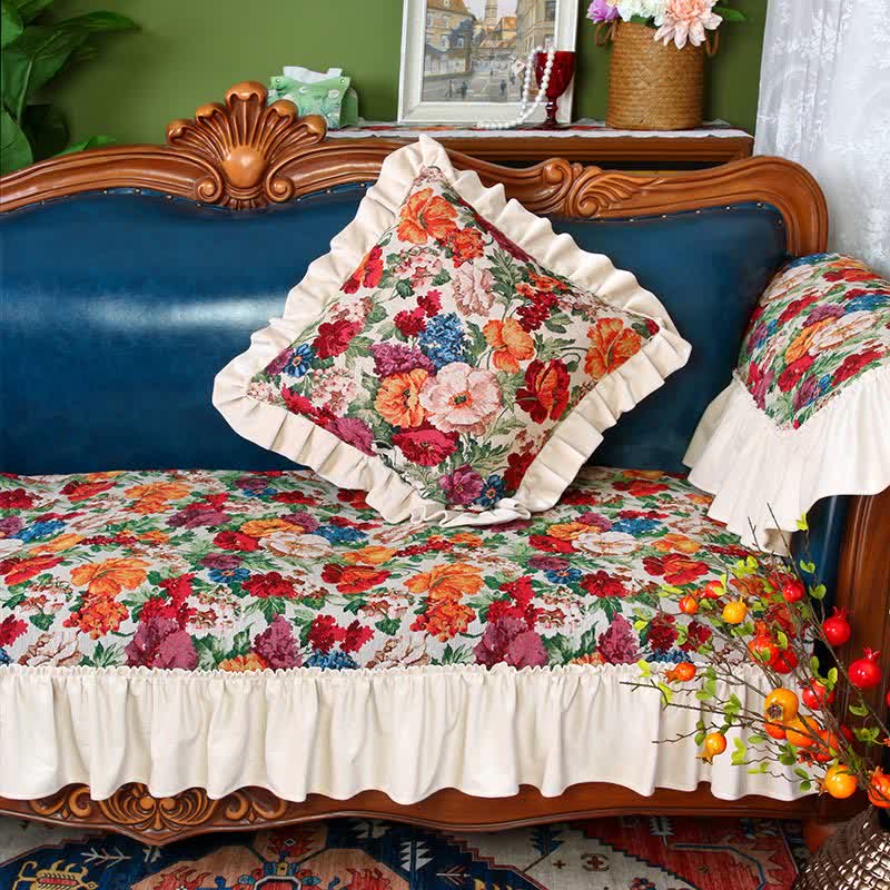 Vintage Art Floral Non-slip Ruffle Sofa Cover - B - Backrest Cover - 29" x 29" - image 4