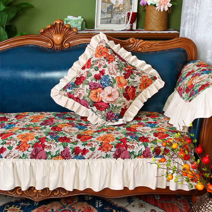 Vintage Art Floral Non-slip Ruffle Sofa Cover - B - Backrest Cover - 29" x 29" - image 4