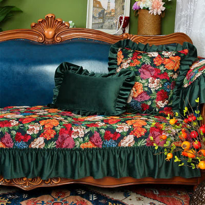 Vintage Art Floral Non-slip Ruffle Sofa Cover - A - Cushion Cover - 33" x 102" - image 0