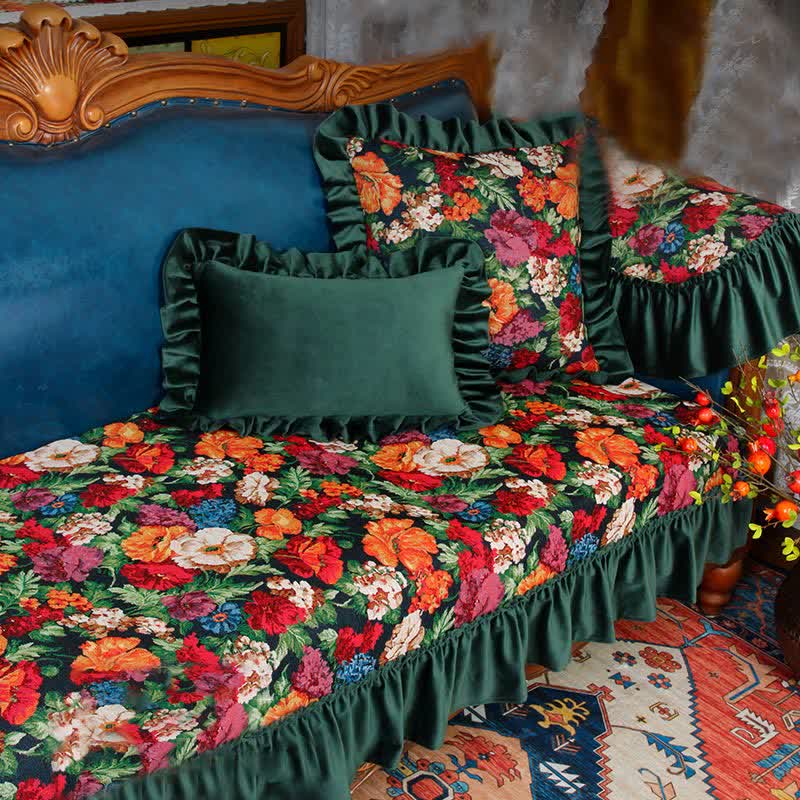 Vintage Art Floral Non-slip Ruffle Sofa Cover - A - Armrest Cover - 18" x 27" - image 1