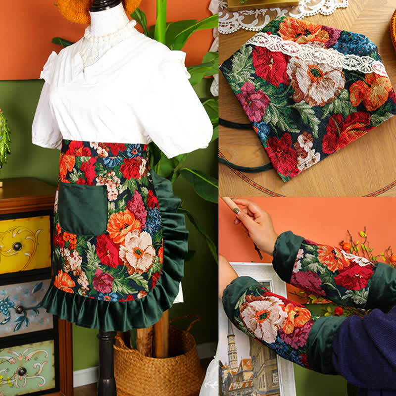 Retro Floral Waterproof Apron Set - Apron - A - Set(3PCS) - image 1