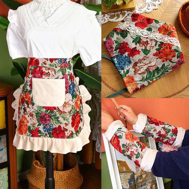 Retro Floral Waterproof Apron Set - Apron - B - Set(3PCS) - image 3
