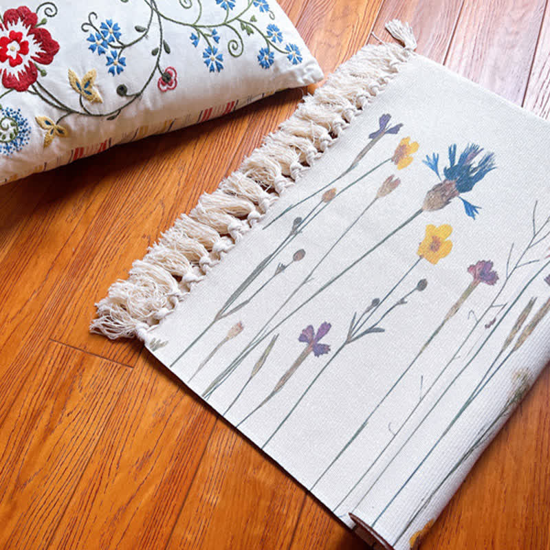 Plant Branch Pattern Tassel Cotton Linen Floor Mat - image 2