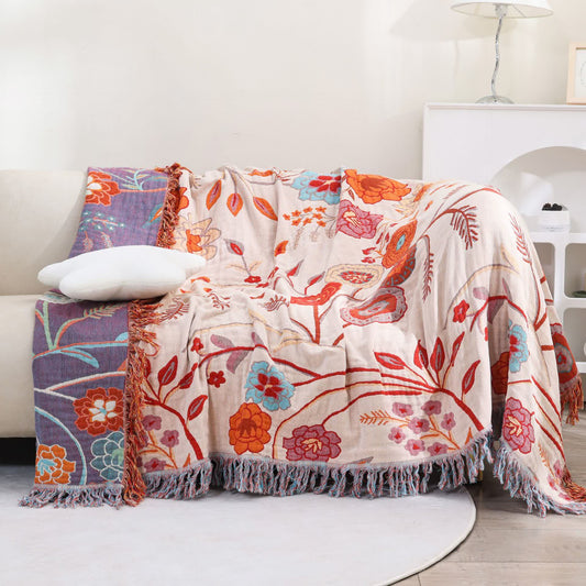 Vintage Floral Comfy Cotton Gauze Reversible Blanket - Beige & Orange - 79"W x 90"L - image 0