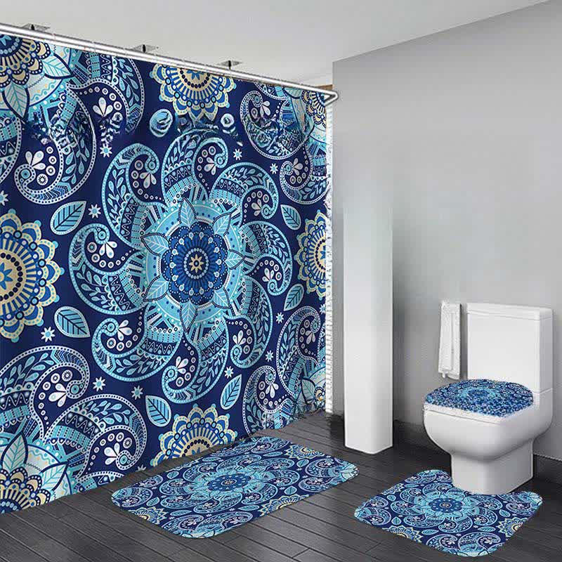 Bohemian Print Waterproof Shower Curtain Mat Set - F - Shower Curtain with Mat Set - 15" x 18"+15" x 16"+18" x 29"+71" x 71" - image 6