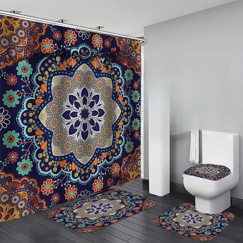 Bohemian Print Waterproof Shower Curtain Mat Set - H - Shower Curtain with Mat Set - 15" x 18"+15" x 16"+18" x 29"+71" x 71" - image 8