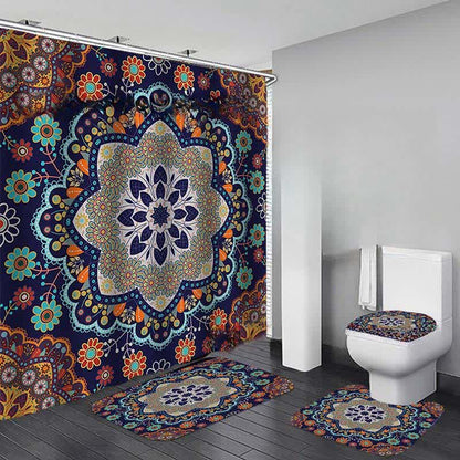 Bohemian Print Waterproof Shower Curtain Mat Set - H - Shower Curtain with Mat Set - 15" x 18"+15" x 16"+18" x 29"+71" x 71" - image 8