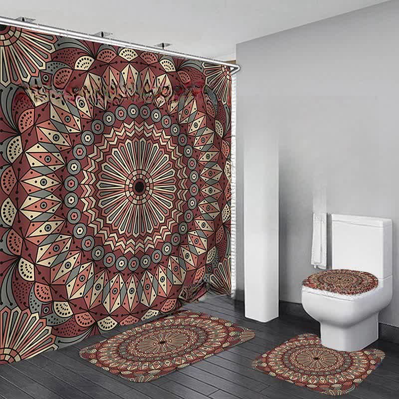 Bohemian Print Waterproof Shower Curtain Mat Set - E - Shower Curtain with Mat Set - 15" x 18"+15" x 16"+18" x 29"+71" x 71" - image 5