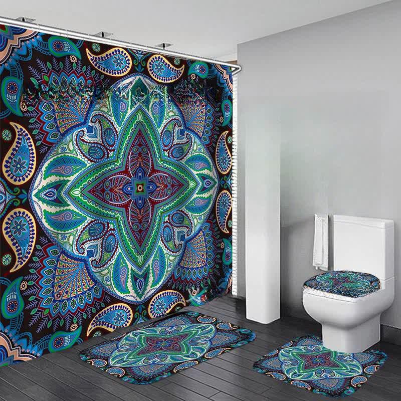 Bohemian Print Waterproof Shower Curtain Mat Set - D - Shower Curtain with Mat Set - 15" x 18"+15" x 16"+18" x 29"+71" x 71" - image 4