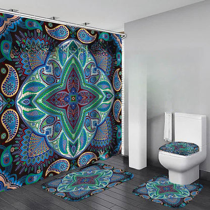Bohemian Print Waterproof Shower Curtain Mat Set - D - Shower Curtain with Mat Set - 15" x 18"+15" x 16"+18" x 29"+71" x 71" - image 4