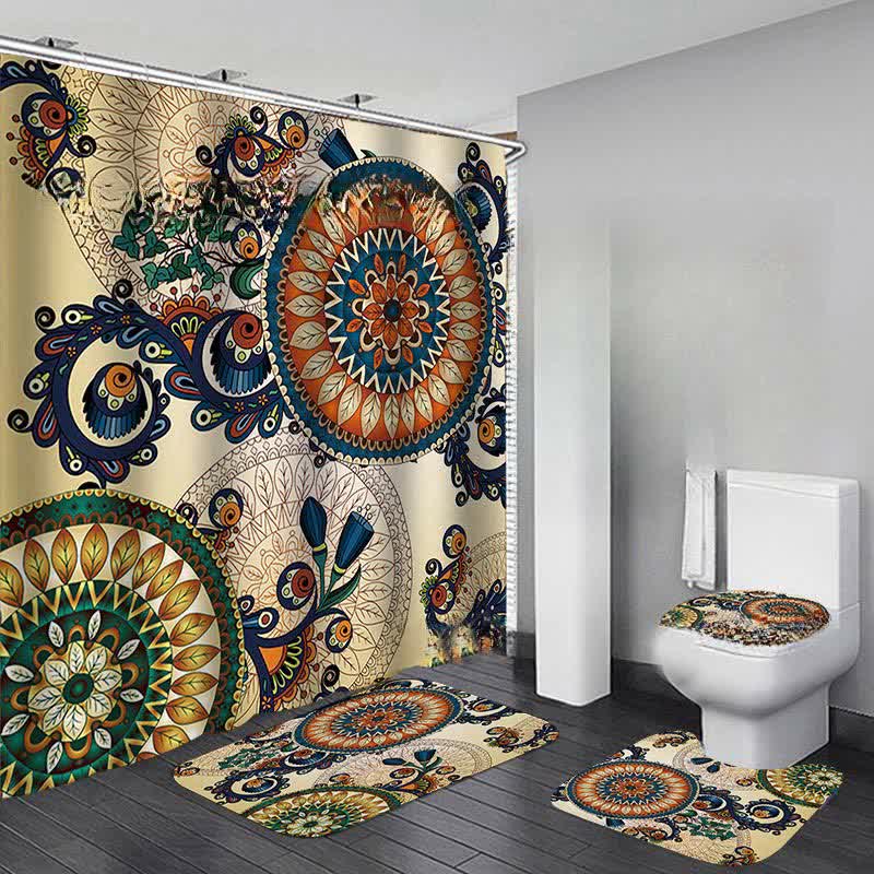Bohemian Print Waterproof Shower Curtain Mat Set - C - Shower Curtain with Mat Set - 15" x 18"+15" x 16"+18" x 29"+71" x 71" - image 3